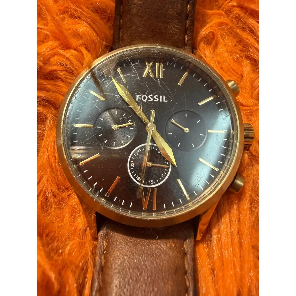 Fossil Neutra Chronograph Gold Tone Black Dial Brown Leather Watch BQ2404 Mens